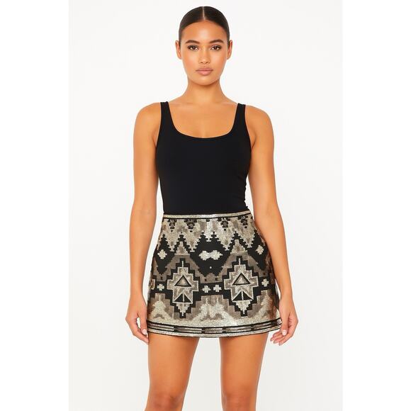 Women's Express Aztec Print Black Silver Sequin Mini Skirt Bodycon Party XS/TP - Picture 1 of 8